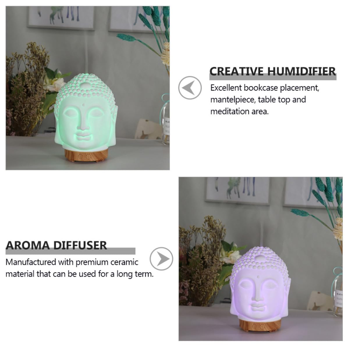 Lurrose Diffusore di Aroma Ultrasuoni a Forma di Testa di Buddha in Ceramica, Umidificatore Silenzioso Funzione di Diffusione Aromaterapia per Camera Yoga