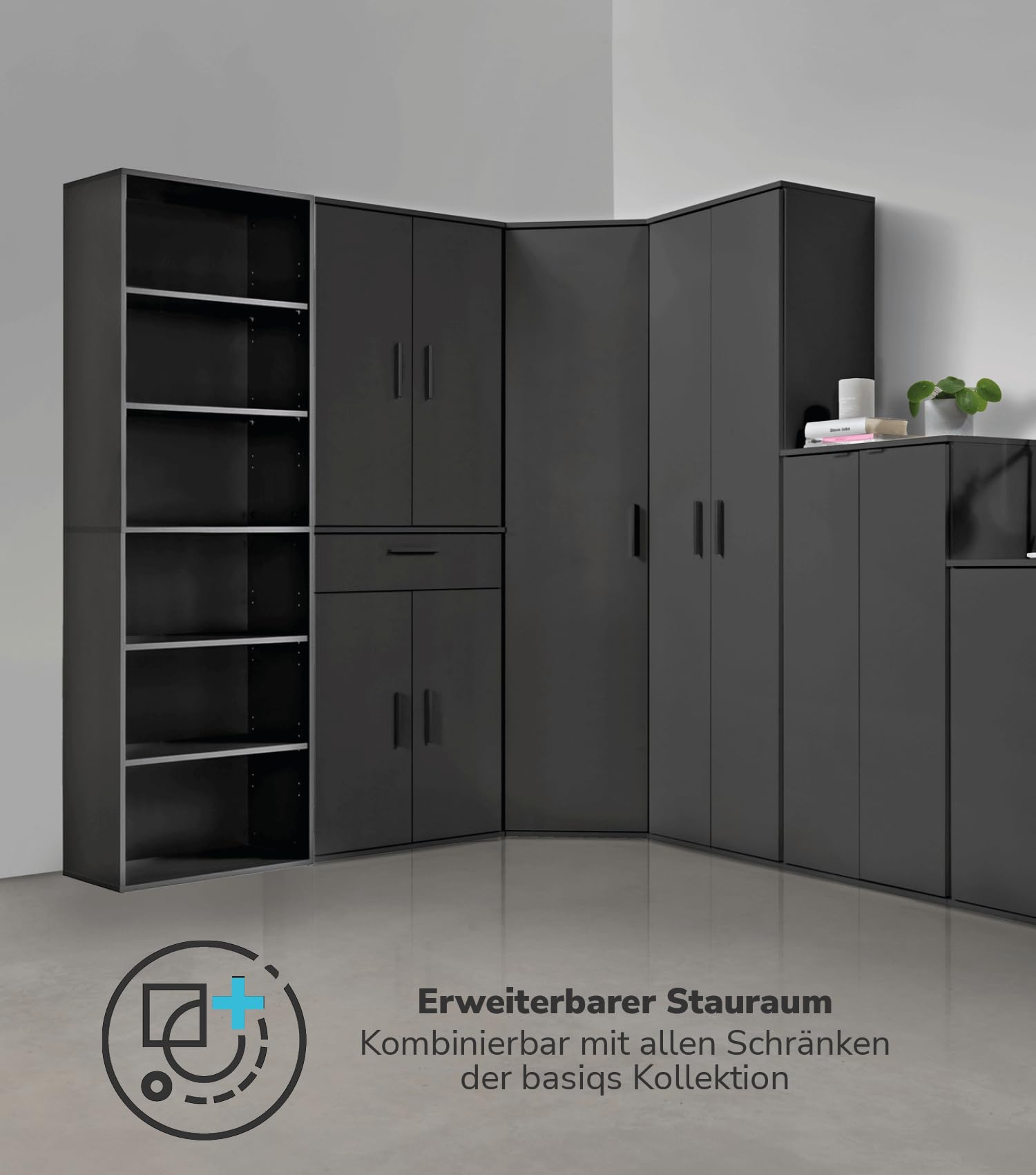 mokebo® Bücherregal Schwarz, Grau BZW. Anthrazit aus Holz 'Der Bücherwurm', Schuhregal, Holzregal, Aktenregal, Standregal fürs Wohnzimmer, Büro, Kinderzimmer, Regal groß für die Wand, 60cm Breite