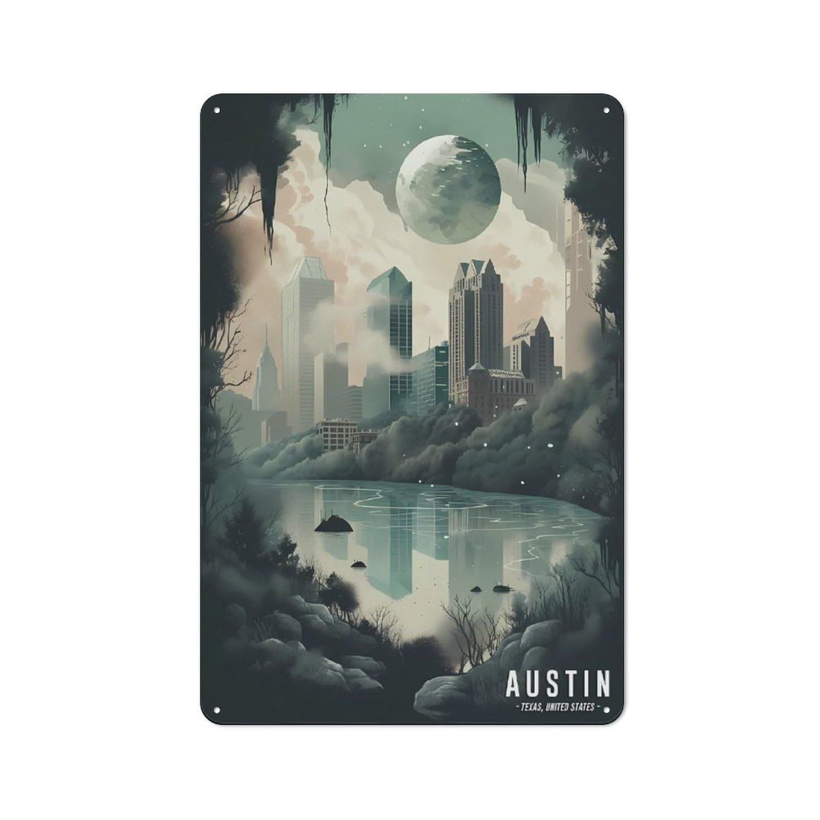 Junmoney Style-6 Creative Austin Skyline Cityscape Metal Desk Wall Sign 30X20cm, Study Room Decor For Home Office, Reading Corner Or Bedroom