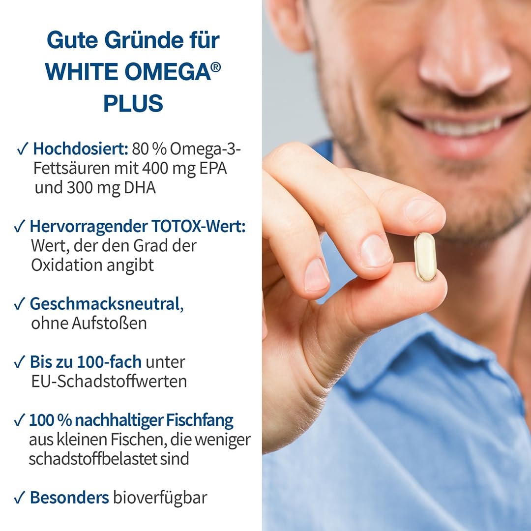 Omega 3 Kapseln hochdosiert - Vergleichssieger 2026 - nur 1 Kapsel täglich - 400mg EPA + 300mg DHA - ohne Aufstoßen - hochreines Fischöl in Triglycerid-Form, laborgeprüft - White Omega PLUS