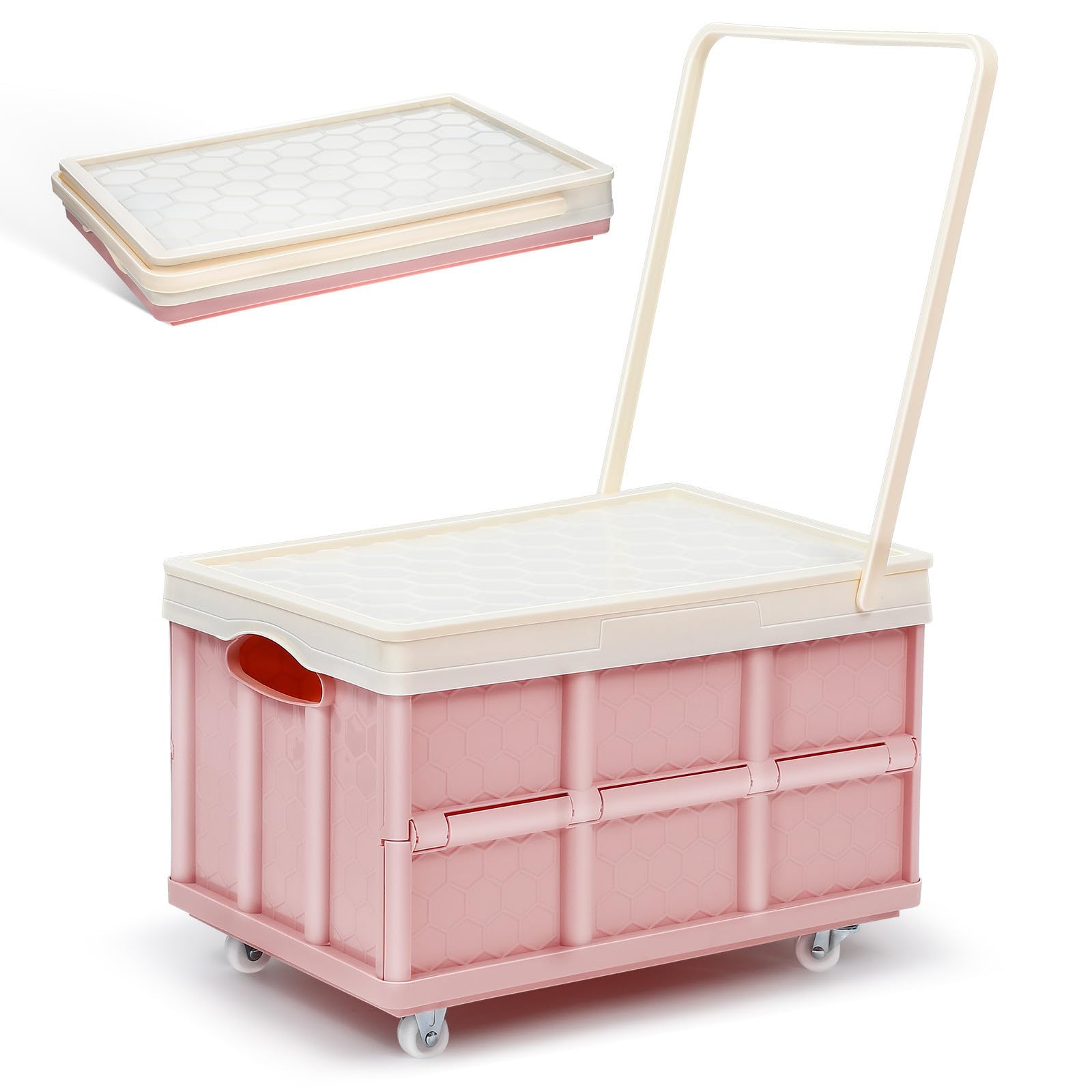 NUOBESTY Contenedor Apilable de Plástico con Tapa y Ruedas para Juguetes y Ropa, Caja Organizadora para Garaje y Vehículo, Diseño Plegable en Color Rosa