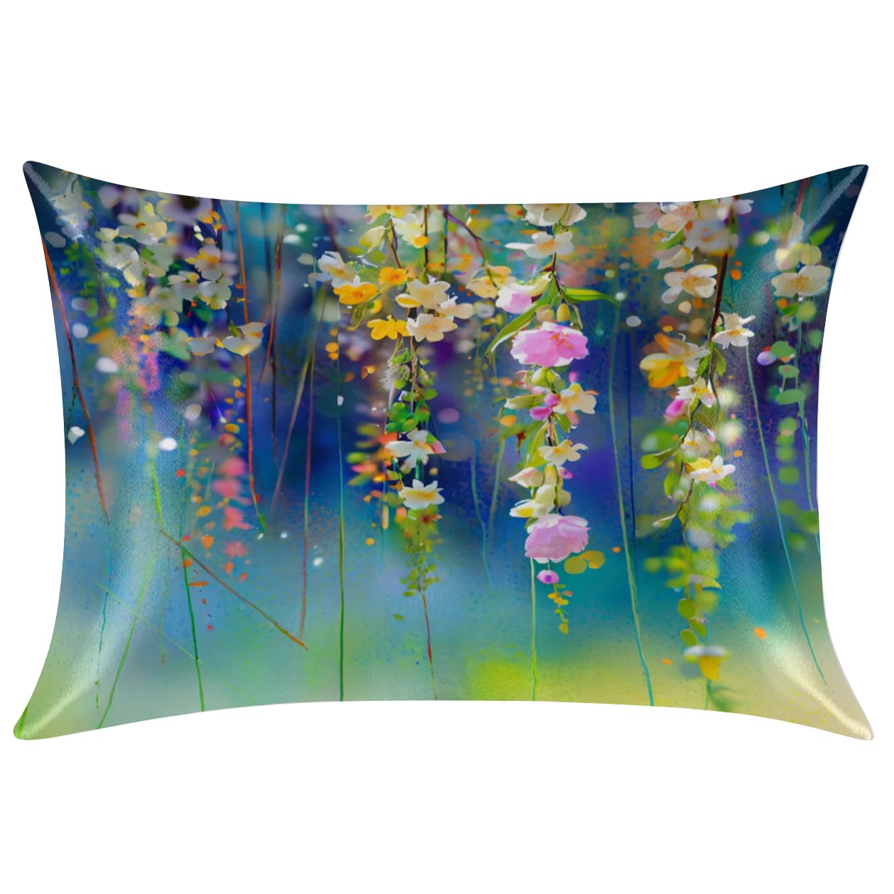 Satin Pillowcase for Hair and Skin, Watercolor Plant Floral Silk Pillow Case Queen Size Silky Pillowcases with Zipper Cooling Pillow Cover (20x30