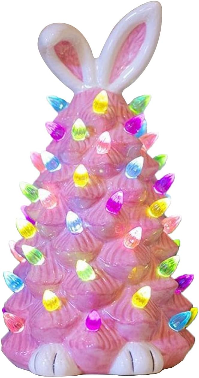 Pink Bunny Tree with Multicolored Lights Easter Decor Light Up Tabletop Rabbit Tree