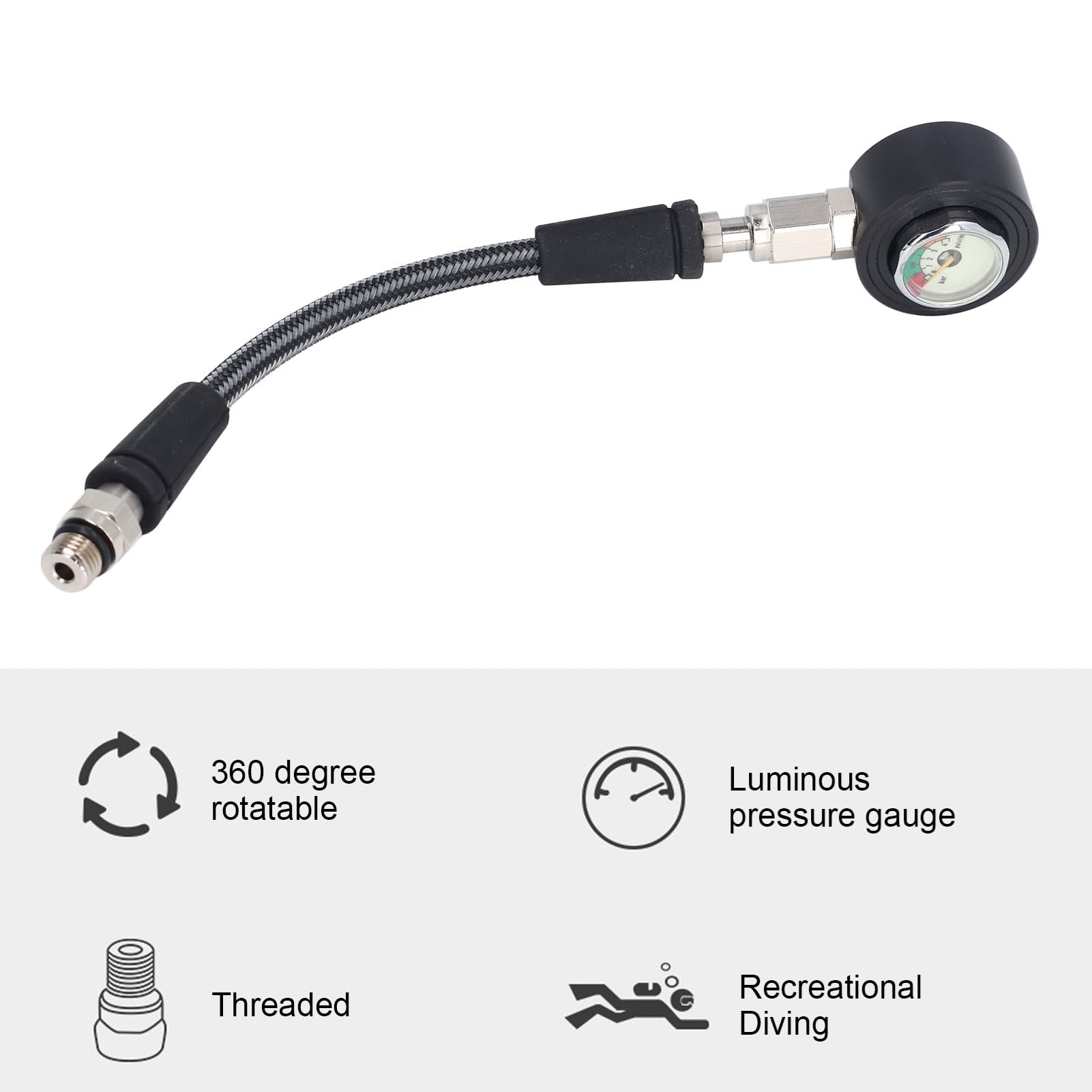Manomètre de Plongée Sous-marine, Manomètre de Plongée Submersible Lumineux Professionnel, avec Tuyau Haute Pression, pour Régulateur BCD, Plongée Sous-marine (15 cm)
