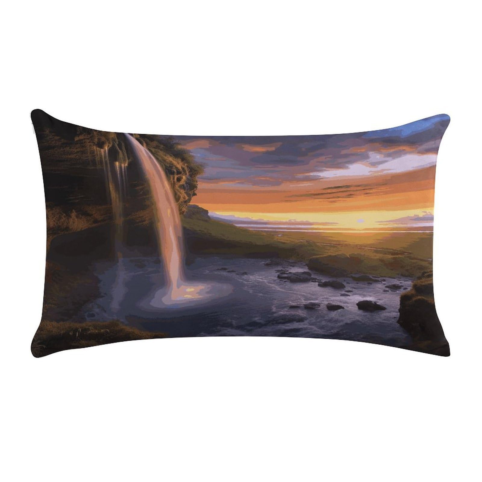 LDGSUPH Waterfall at Sunset Throw Pillow Cover with Zipper Long Throw Pillow Case Anti-Fading Pillow Protector Super Soft Decorative Cushion Case Exquisite Plush Pillowcase12 X 20 in