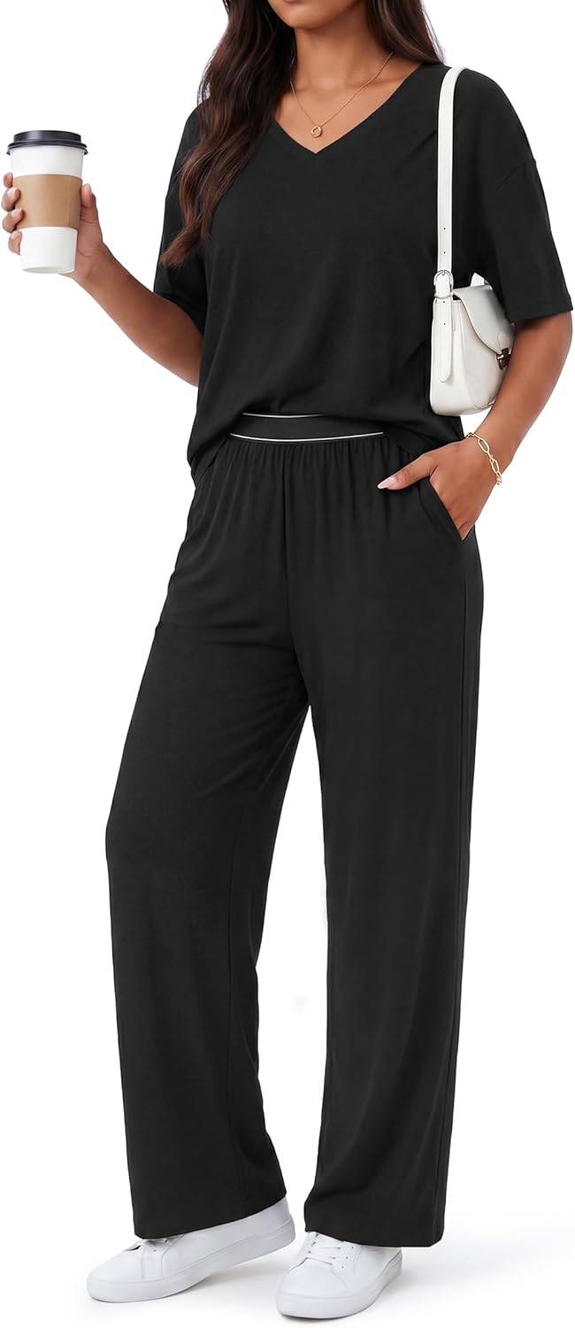OUGES Women's Lyocell Cotton Lounge Sets Short Sleeve Tops and Long Pants Soft Pajama Set 2 Piece Outfits Casual Loungewear(Black,L)