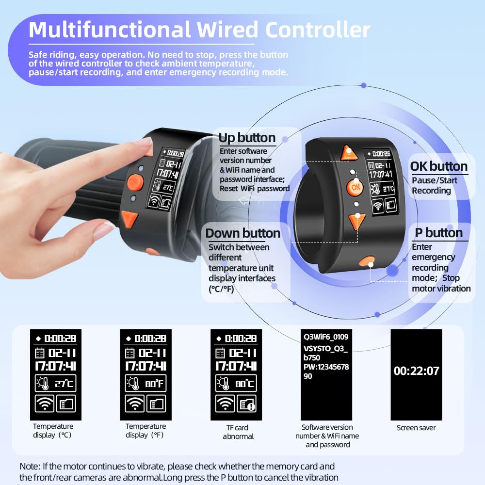 VSYSTO Moto Dash cam, 5G WiFi téléchargement vidéo haute vitesse, contrôleur de câble OLED, étanche starlight nuit vision HD 1080P avant et arrière caméra, affichage de la température