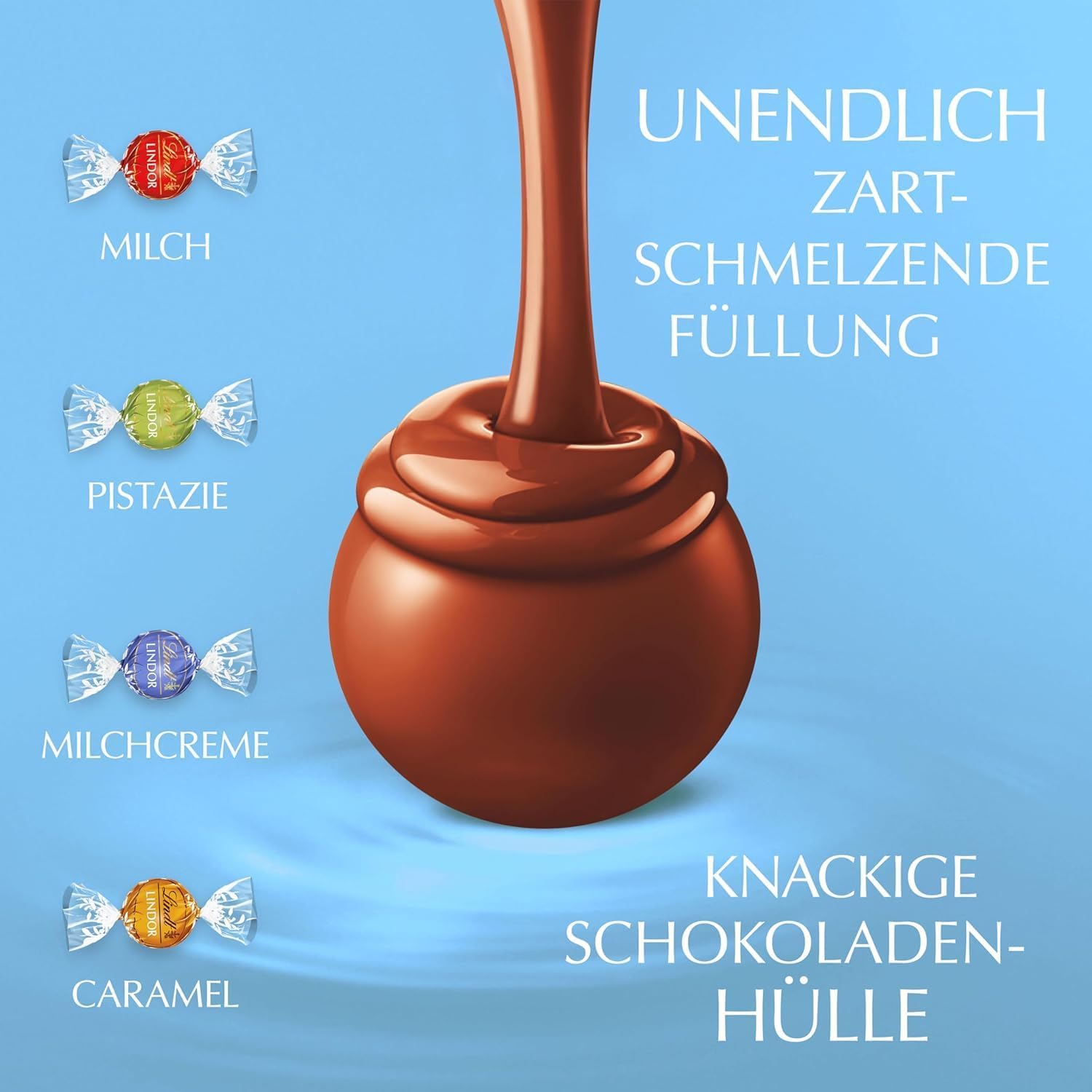 Lindt Schokolade LINDOR Kugeln Vollmilch Mischung | 1 KG Beutel, wiederverschließbar | ca. 80 Kugeln in 4 Sorten (Milch, Pistazie, Milchcrème, Caramel) | Großpackung | Schokoladengeschenk