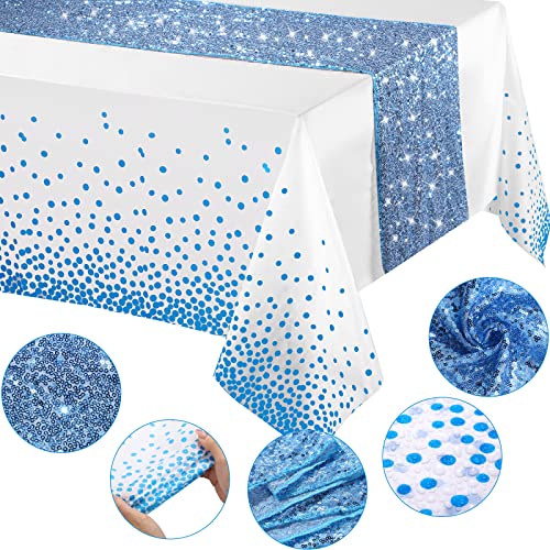 Image of Irenare 2 Pcs White and Blue Tablecloth and Sequin Table Runner Set Polka Dots Confetti Table Cover Dining Plastic Tablecloths Glitter Decorations for Birthday Wedding Anniversary Party Supplies