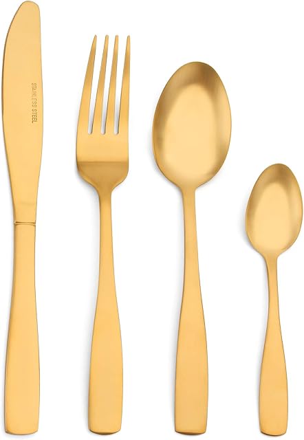 Sharecook Matte Gold Cutlery Set, 32 Piece Stainless Steel Silverware Set with Knife and Fork Set, Service for 8, Dishwasher Safe