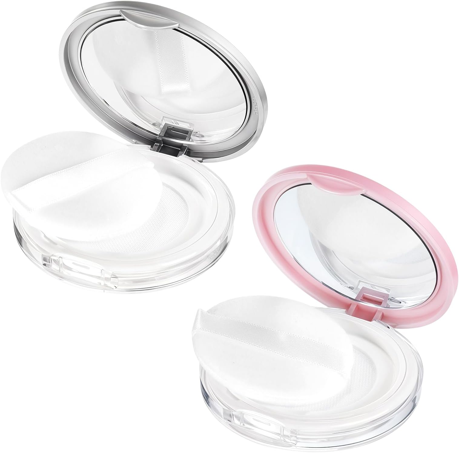 2 PCS Loose Powder Containers with Puff, Refillable Empty Powders Container with Mirror, Portable Travel Powder Containers Loose Compact Case Powders Box with Powers Puff (Pink Silver)