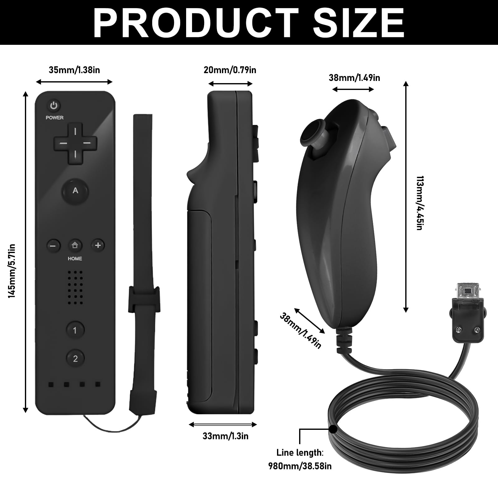 Leikurvo Pack de 2 manettes Wii Remote, manette Wii avec Nunchuk pour manette Wii Plus, compatible avec les consoles Wii/Wii U (Noir)