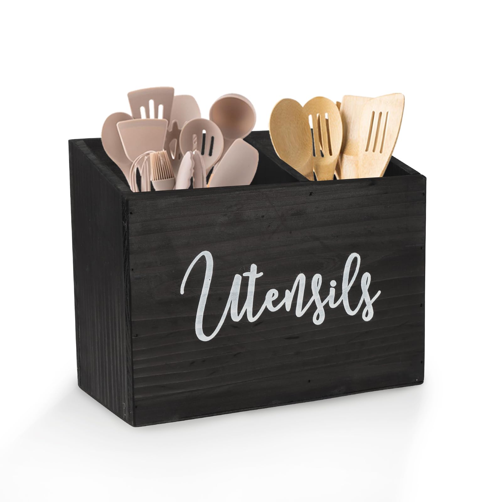 Gzsekken Kitchen Utensil Holder,Black Utensils Holder 2 Compartment,Wood Utensil Organiser for Kitchen Counter, Farmhouse Cutlery Caddy Cooking Tools Storage Caddy Utensil Container for Fork Spoon