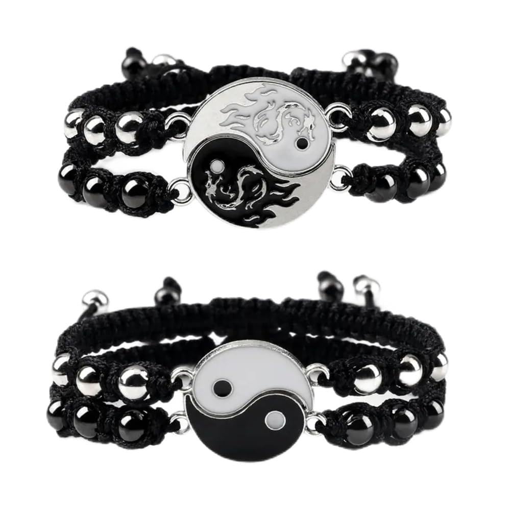 4Pcs BFF Best Friends Bracelet Matching Couples Bracelets Adjustable Woven Yin Yang Bracelet for Women Men Boyfriend Girlfriend Jewelry Gift Black