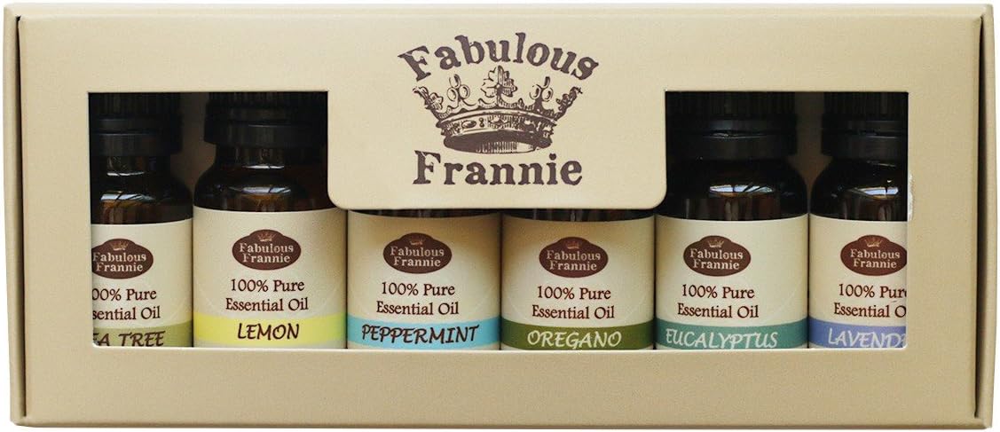 Fabulous Frannie 100% Pure Essential Oil First Aid Set – Eucalyptus, Lavender, Lemon, Oregano, Peppermint, Tea Tree – Great for Aromatherapy