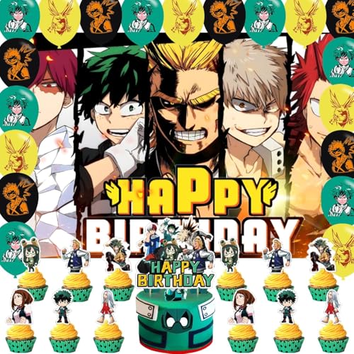 Image of OUDINI Academia of My Hero Birthday Party Backdrop, Decoration, Banner, Photo Backgrounds Props - 5ft x 3ft, Yellow, Cotton, Polyester, Includes 18 Pcs Balloons & Cupcake Toppers