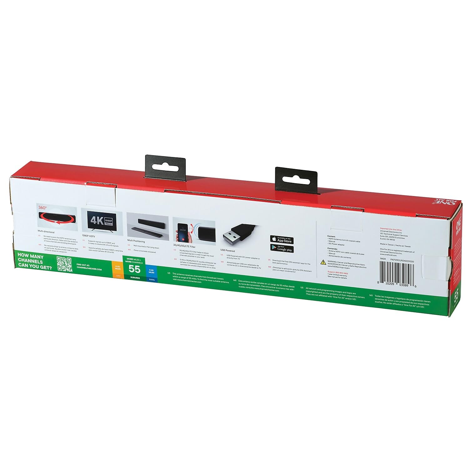 One For All Suburban Antena de TV para interiores estilo barra de sonido amplificada, 4K y 8K Ultra HD, modelo 14424