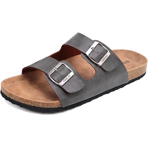 ONCAI Mens Sandals,Beach Slides Cork Footbed Slippers with Adjustable Buckle Straps Size 7-13