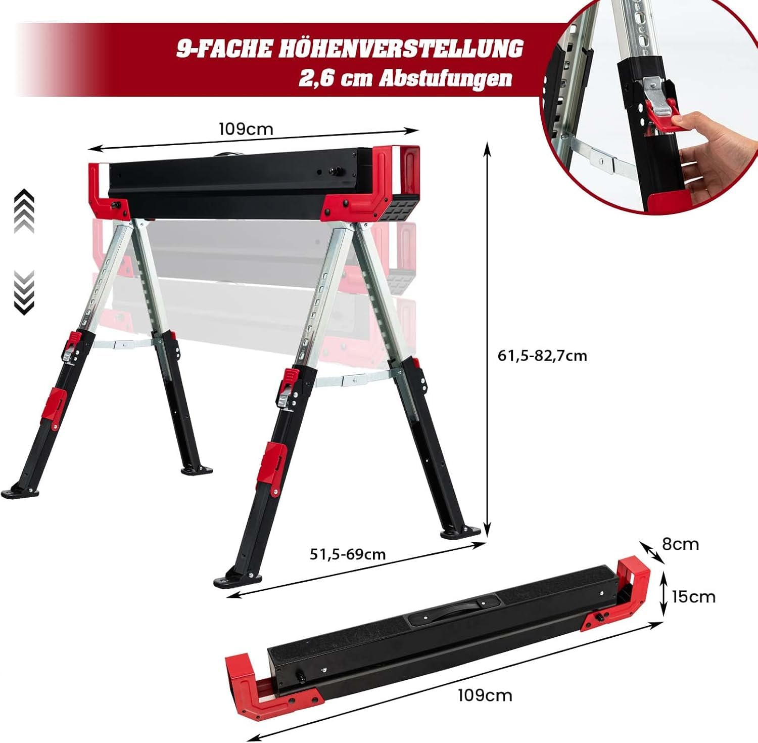 FANTASK 2er-Set Arbeitsbock höhenverstellbar bis 1180 kg belastbar mit Griff, Klappbarer Sägebock Rutschfeste PVC-Oberseite, Rot+Schwarz Tragbarer Unterstellbock
