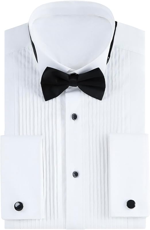 Gollnwe Tuxedo Shirts for Men Wing Collar French Cuff with Cufflinks and Bow Tie