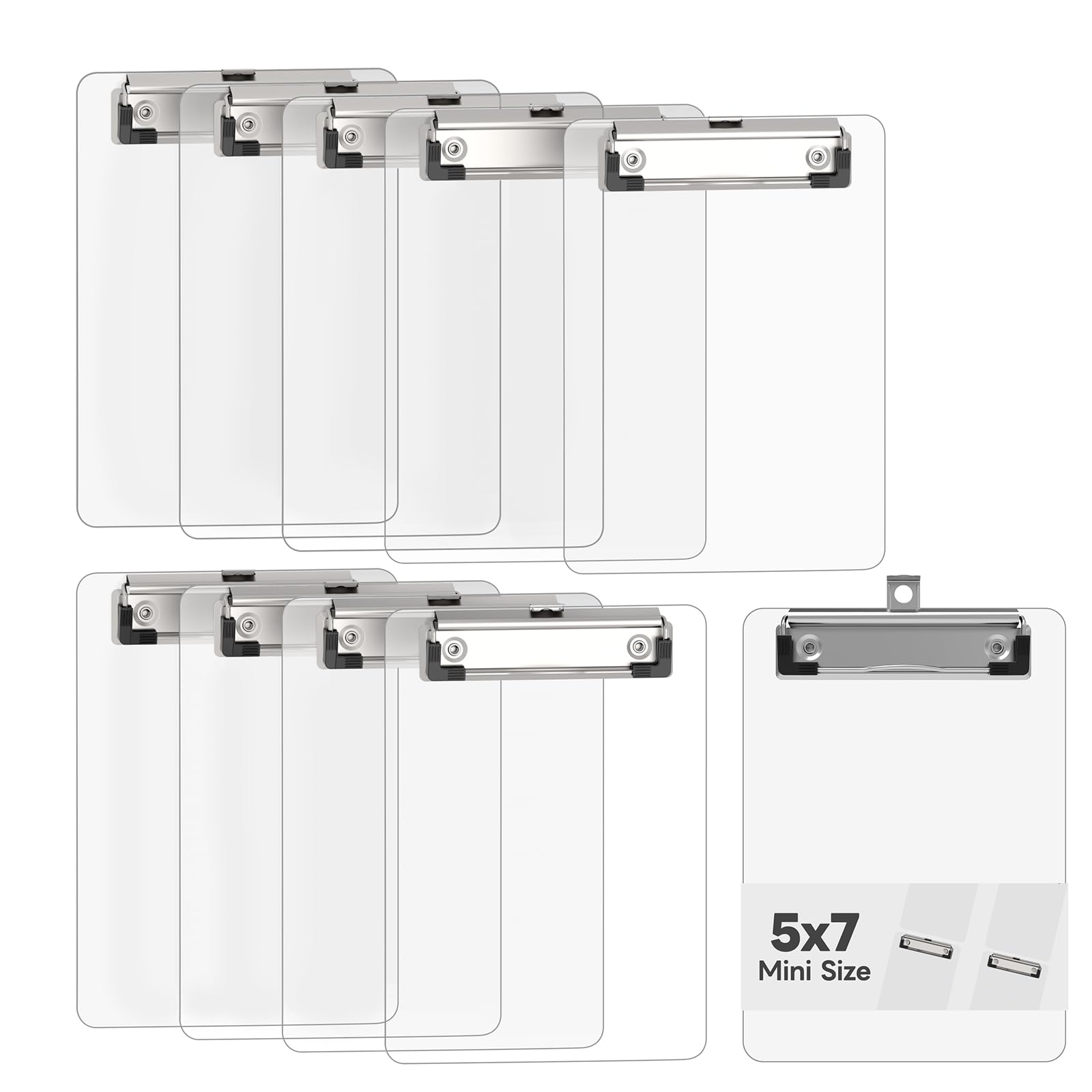 Juvealoe Mini Clipboard 10 Pack, 5 x 7 Plastic Small Clear Clip Boards with Low Profile Clip, Memo Size for Classroom, Teacher, Students, School &