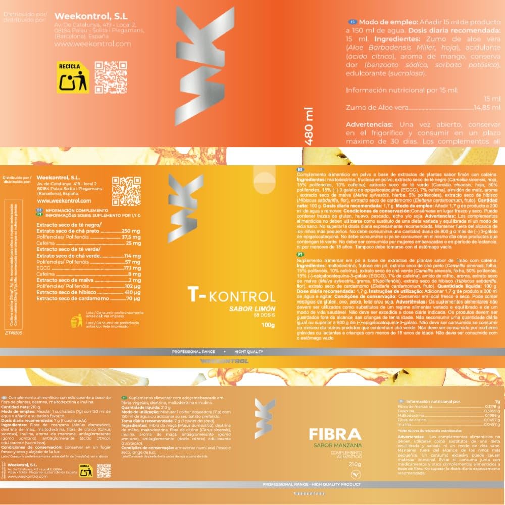 Weekontrol Pack TAF Detox Quemagrasas Aloe Vera Puro para Beber 99% + Té Termogénico Potente + Fibra Saciante. Digestión y Control de Peso (1200Gr, Aloe Mango-Té Limón-Fibra Manzana)