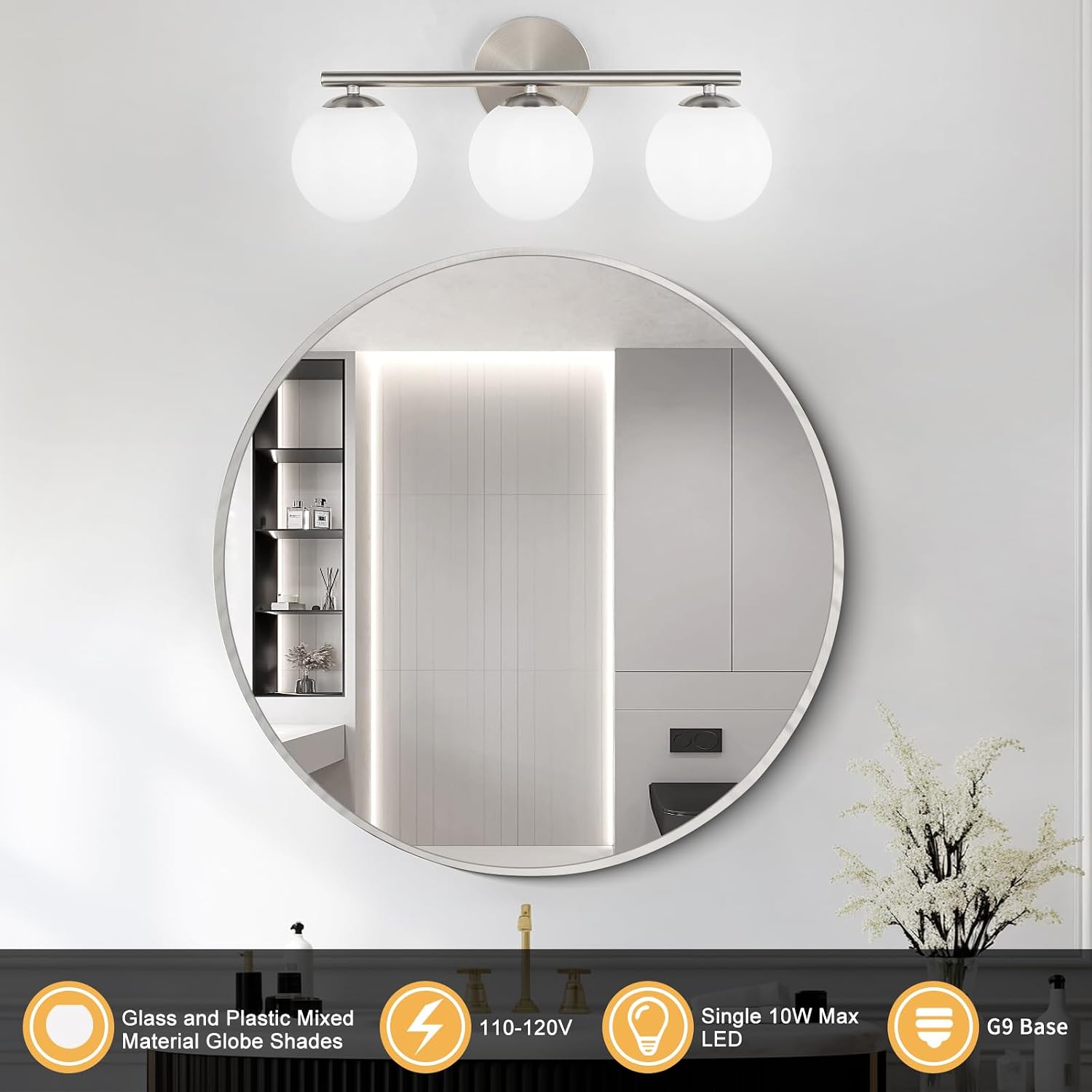 Brushed Nickel Bathroom Light Fixtures 3-Light Globe Vanity Light with Plastic Milk White Globe Shades 11.81 inch Wall Sconce Lighting Over Mirror Vanity Lights for Bathroom Bedroom Hallway