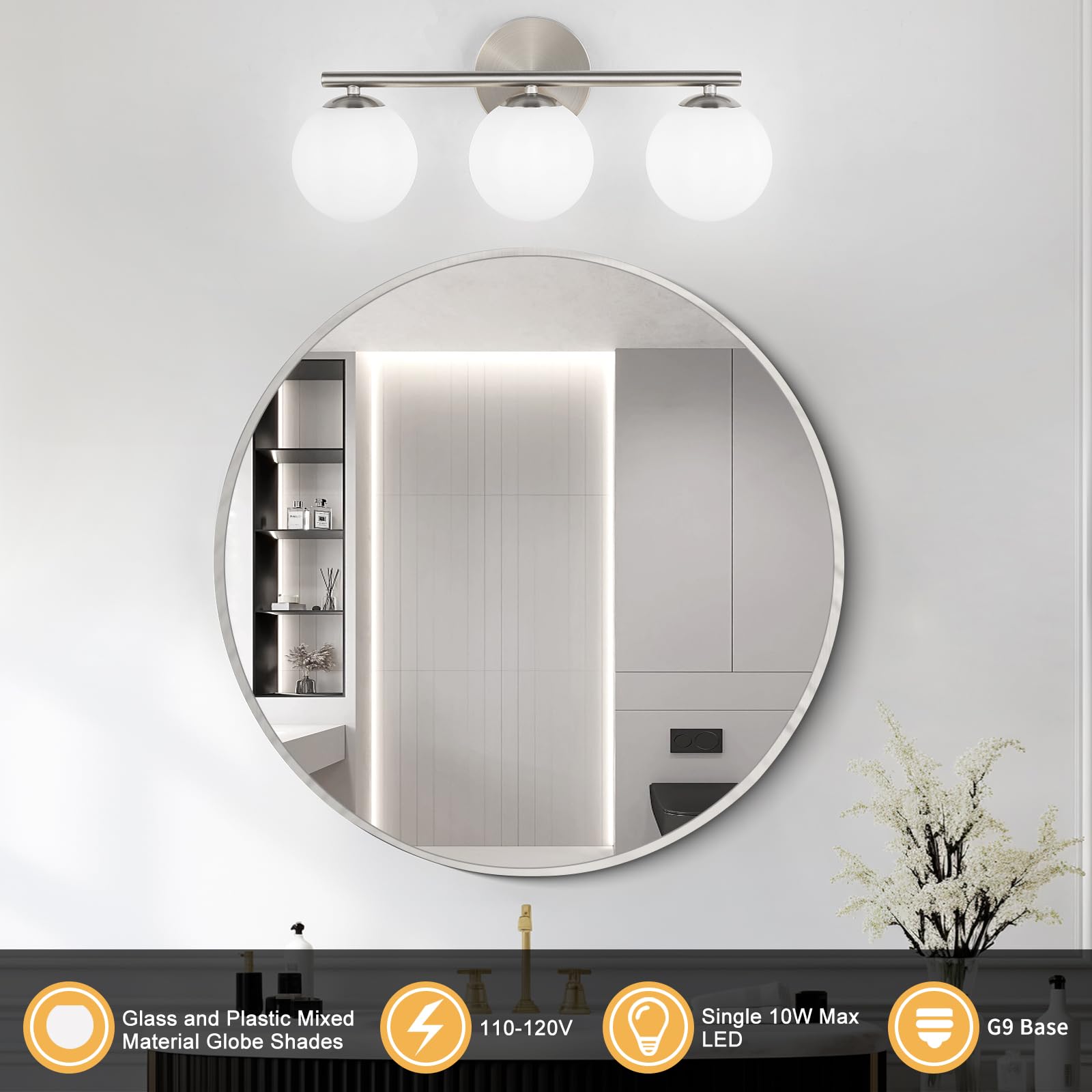 foucasal Brushed Nickel Bathroom Light Fixtures 3-Light Globe Vanity Light with Plastic Milk White Globe Shades 11.81 inch Wall Sconce Lighting Over Mirror Vanity Lights for Bathroom Bedroom Hallway