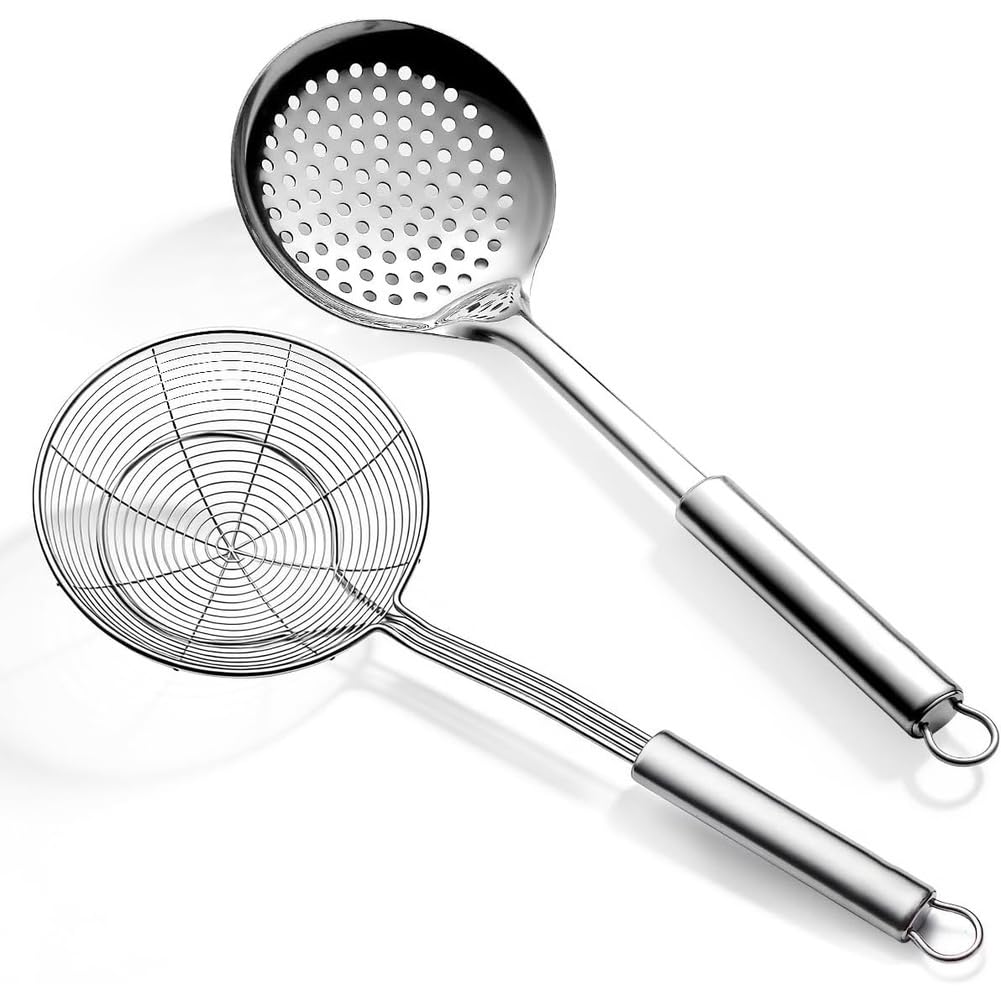 Teuypty Silver Kitchen Stainless Steel Spider Strainer Skimmer Ladle 2Pcs Slotted Spoons For Straining Pasta/Cooking Frying