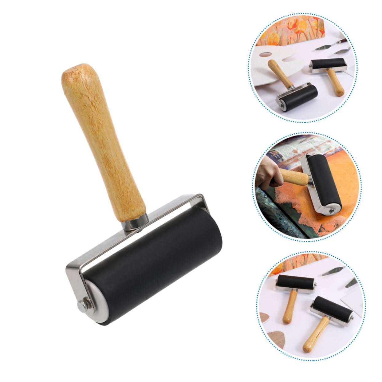 Rodillo Brayer de Impresión Negro, 4 Piezas, Mango de Madera
