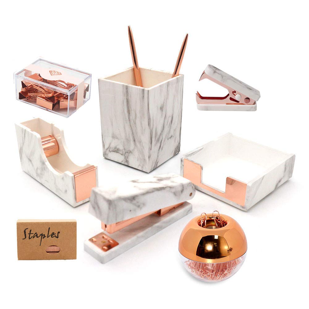 Buy Marble Rose Gold Office Desk Set, Ster Tape Dispenser,Paper Clip
