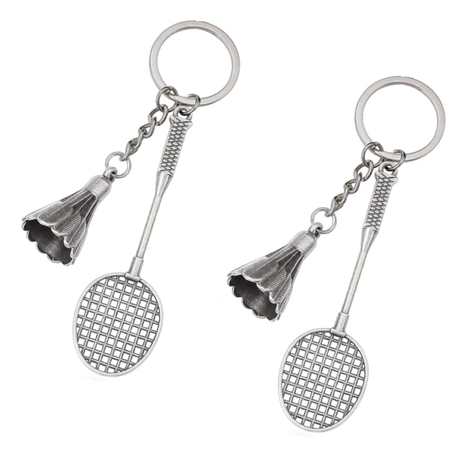 Jfangzhzh Men's Silver 2 Pcs Badminton Racket With Shuttlecock Keychain,Mini Sports Keyrings,Metal Badminton Keychain,Pendant Gift Key Chain Ring,Gift For Sports People And Friends,For Wo