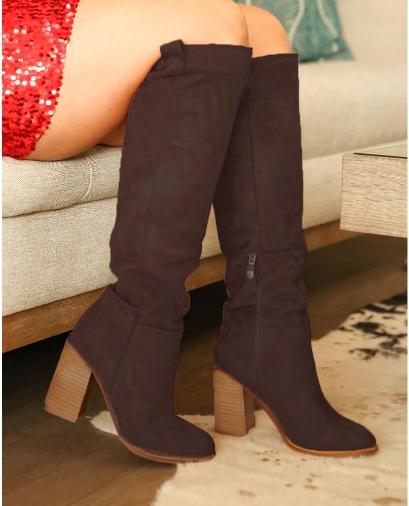 Erocalli Suede Knee-High Boots Fall Boot For Women Chunky Block High Heel Slouch Fashion Boot Round Toe Side Zipper - Image 3