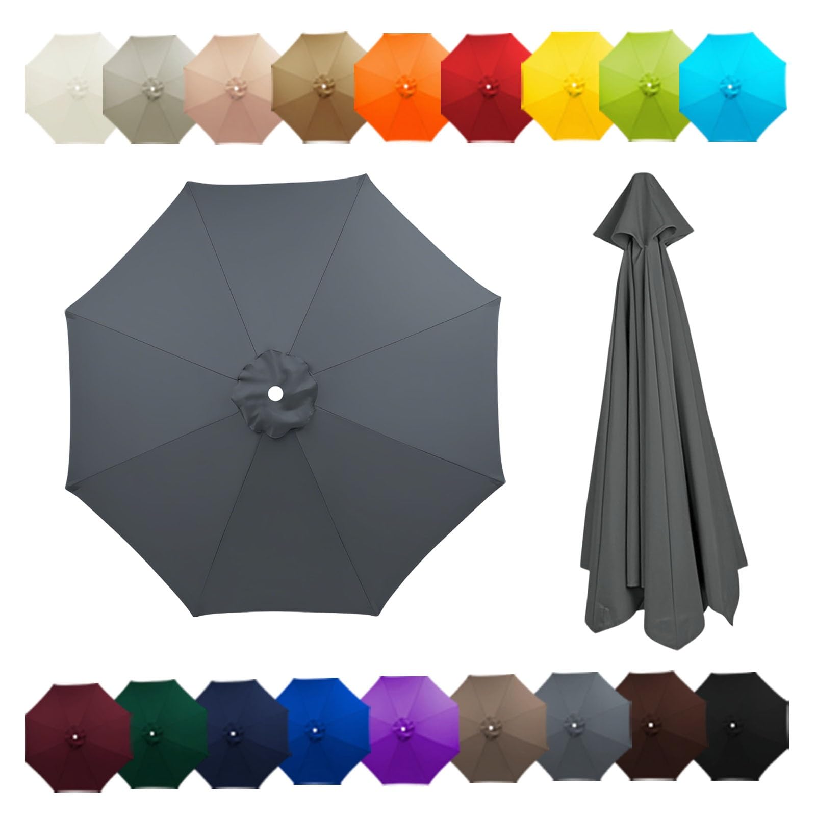 Outdoor Patio Umbrella Replacement Canopy For 6 Ribs/8 Ribs, Replacement Parasol Cover, Table Market Yard Umbrella Top, Sun Shade Accessory(Gray,9FT/2.70M-6Ribs)