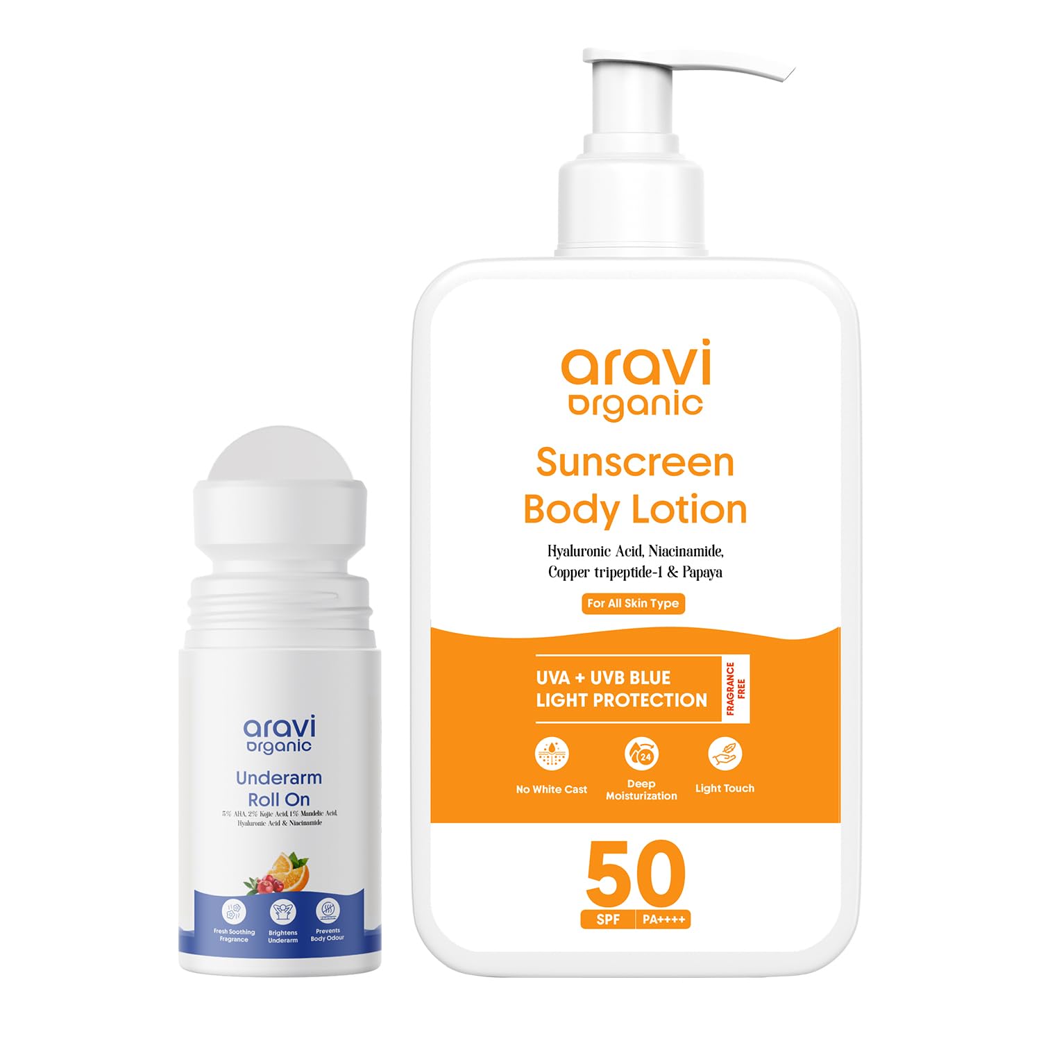 Aravi Organic Skin Care Combo – Underarm Roll-On for Odour Control & Even-Tone & Oil-Free Sunscreen Body Lotion SPF 50 PA+++ (250ml) (Pack of 2)-image-17
