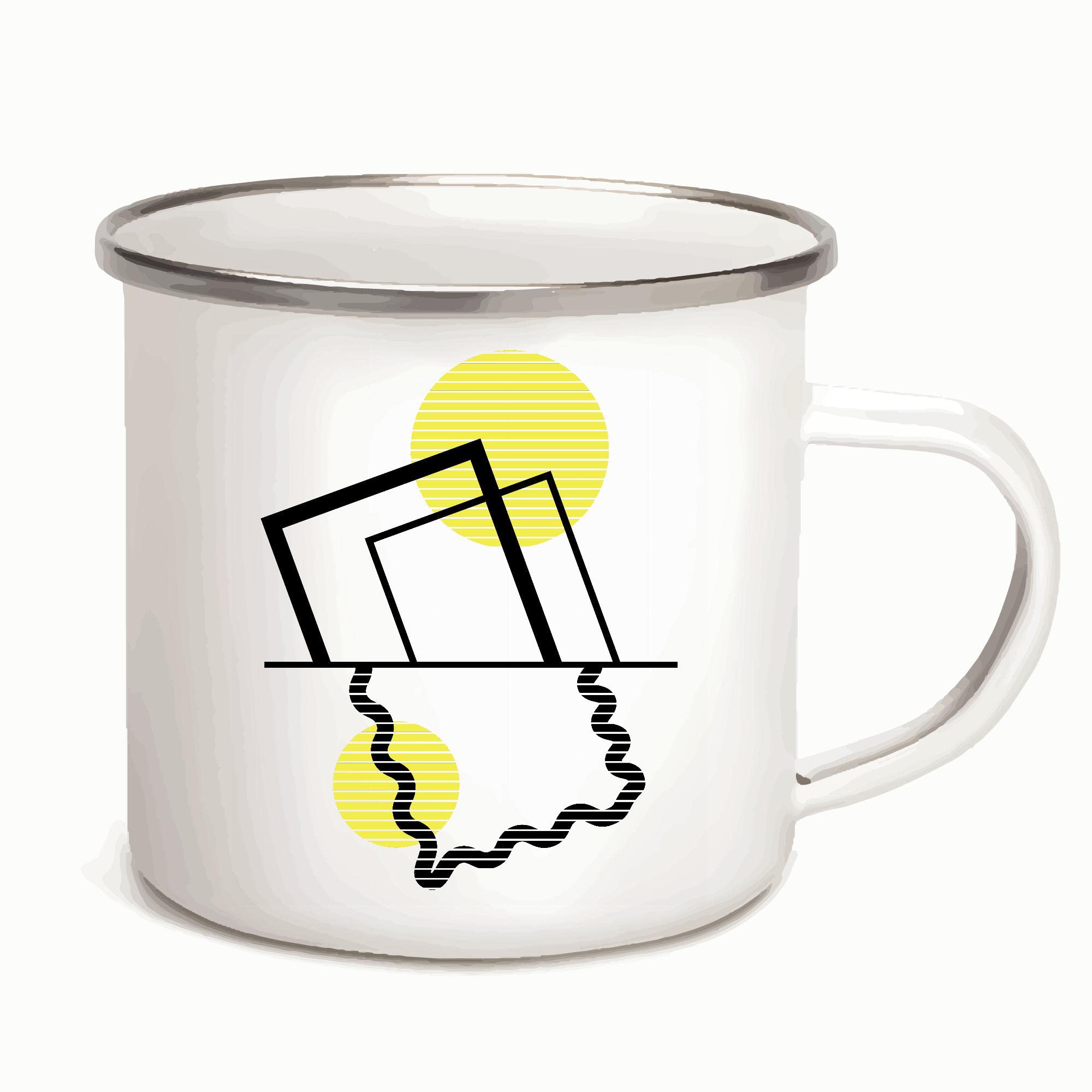 Abstract Art Gift for Black Frames and Yellow Circles Shape for Art Lovers 12oz Enamel Silver Mug