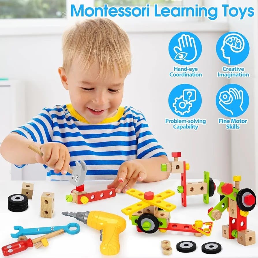 Image of 46 Pcs Wooden Tool Set for Kids with Electric Drill & Storage Case | Montessori Educational DIY Construction Toy for 3+ Year Old Boys & Girls | Fine Motor Skills & Sensory Learning Kit