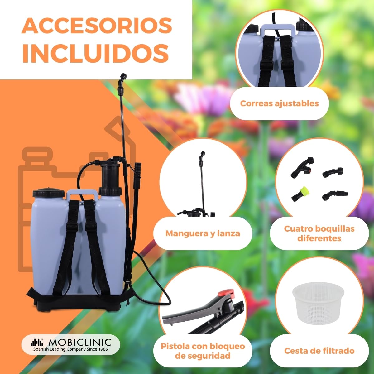 Mobiclinic®, Mochila Pulverizadora, 16 L, Jardinería, Presión con Bomba, 4 Boquillas Ajustables, Peso Ligero 2 kg, Sulfatadora, Riego, Control de plagas, Cuidado Plantas, Fumibug
