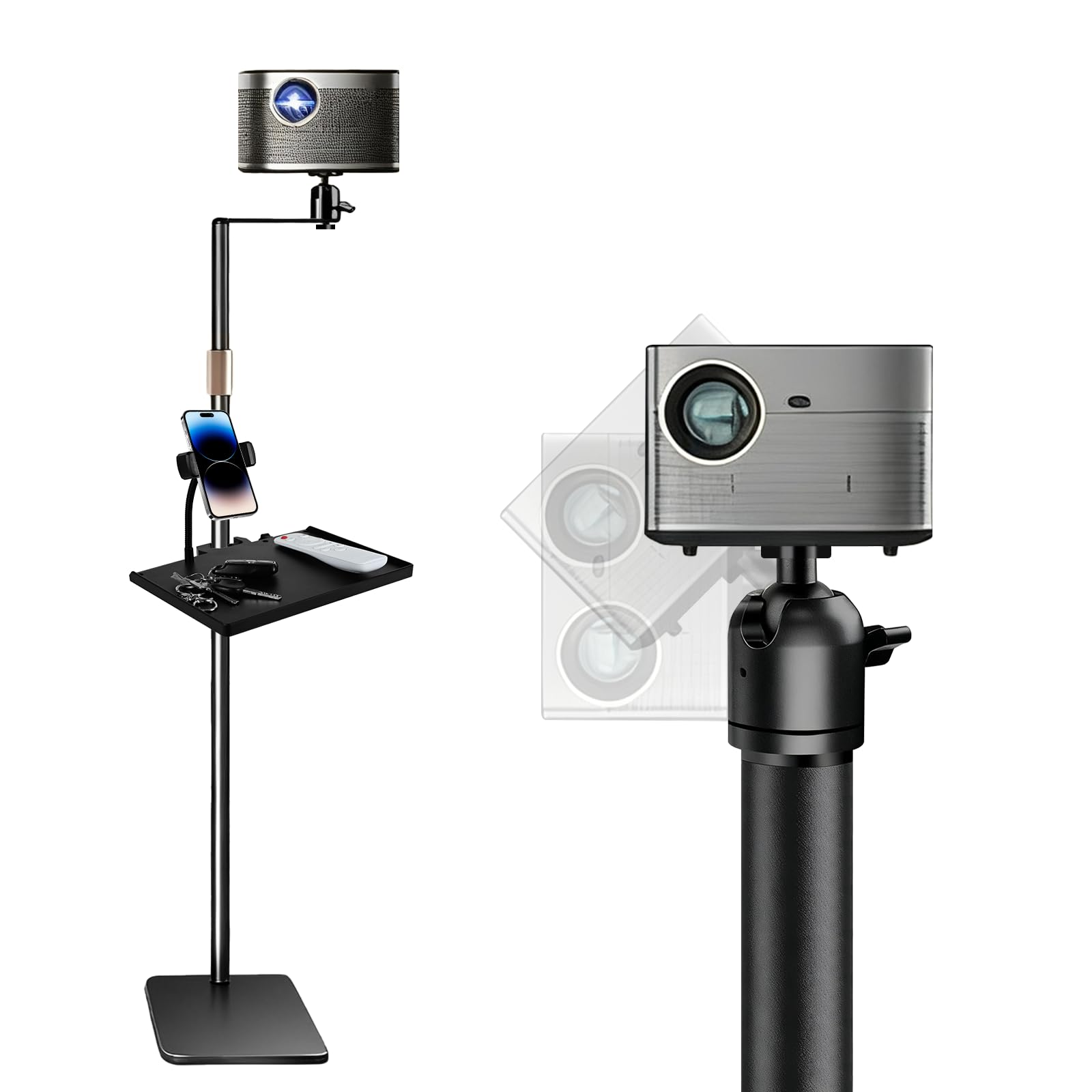 Soporte para proyector de altura ajustable, base de metal pesado, soporte para proyector, soporte en forma de L, rotación de 360°, para ordenador portátil, proyector