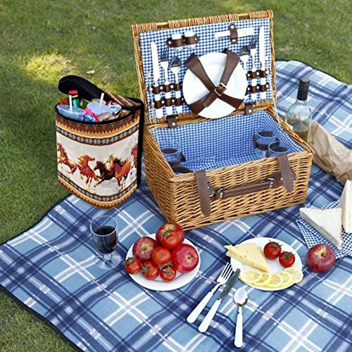 Image of Talayituse Aztec Horse Print Car Trash Can with Adjustable Straps, Southwest American Tribal Car Trash Bag Bin Car Garbage Bag Multipurpose Storage Box for Vehicle Travel Camping Picnicing