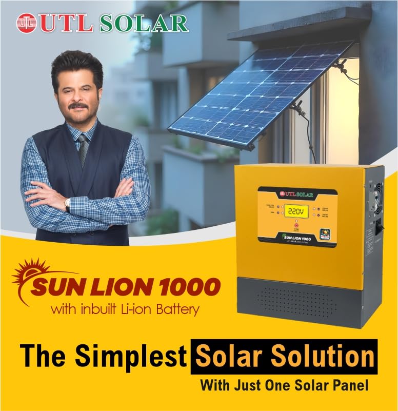 Image of UTL SUN LION 1000 Solar Inverter | Wall Mountable | Inbuilt Lithium Battery (LiFePo4) | rMPPT Solar Charge Controller | Compatible with 12V & 24V Panels | 800VA System | 3-Year Warranty