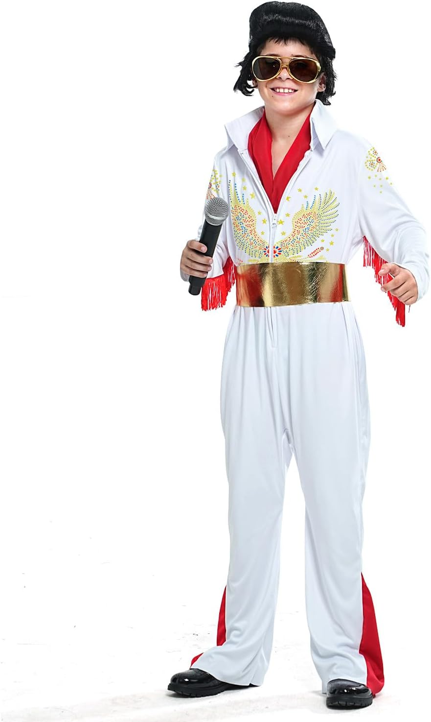 Luming Boy's Dance Costumes 5 Pieces Set:Jumpsuit Belt Scarf Wig Sunglasses- Boy Kids Halloween 70's 80's Outfit Costume - Image 11