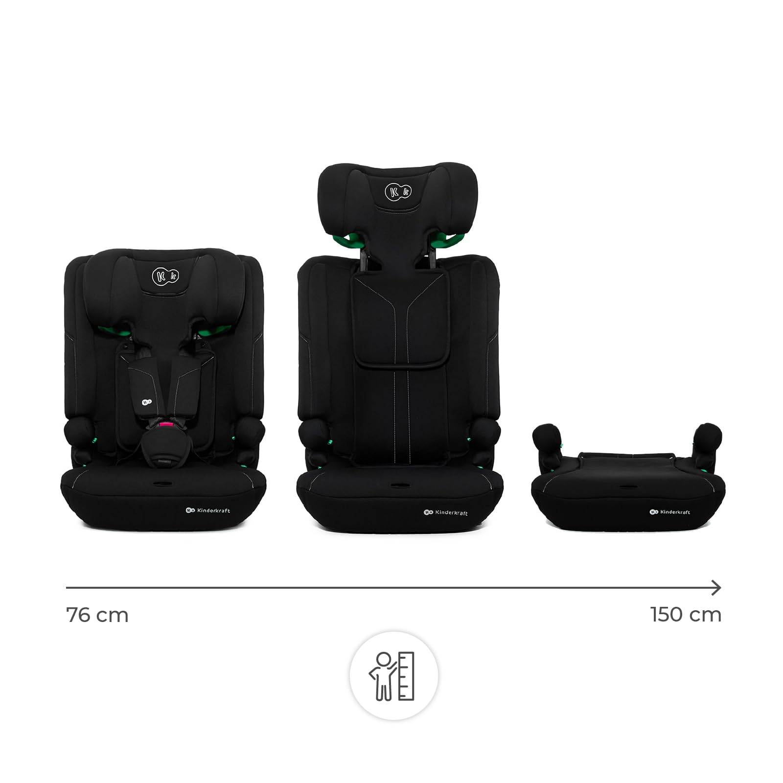 Kinderkraft I-Comfy, fotelik samochodowy dla dzieci, przepisy (76-150 cm), regulowane oparcie, 5-punktowe szelki bezpieczeństwa, system Easy Grow, dla dziecka, łatwa instalacja, czarny