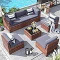 Poteban Patio Furniture Set, 7 Pieces Outdoor Modular Conversation Set Wicker Sectional Sofa for All Weather Rattan Patio Couch for Porch Garden Backyard Balcony Poolside (Grey)