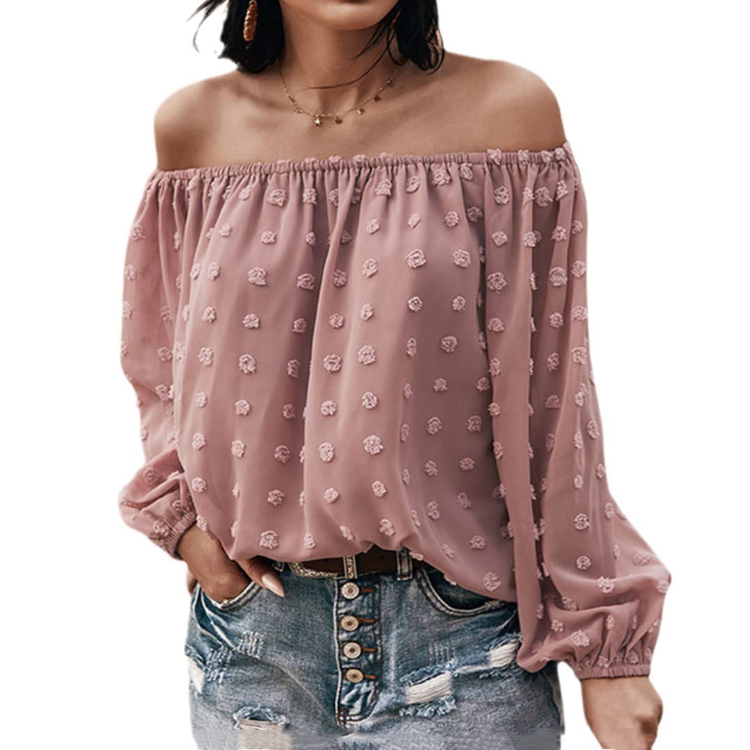 Camicette da Donna in Chiffon con Spalle Scoperte Camicetta a Pois svizzeri a Maniche Lunghe Camicette Casual Larghe con Maniche a Campana