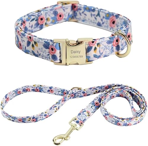 Juego personalizado de collar y correa para perro con nombre y placa de número de teléfono, collar de perro con margarita personalizado para perros