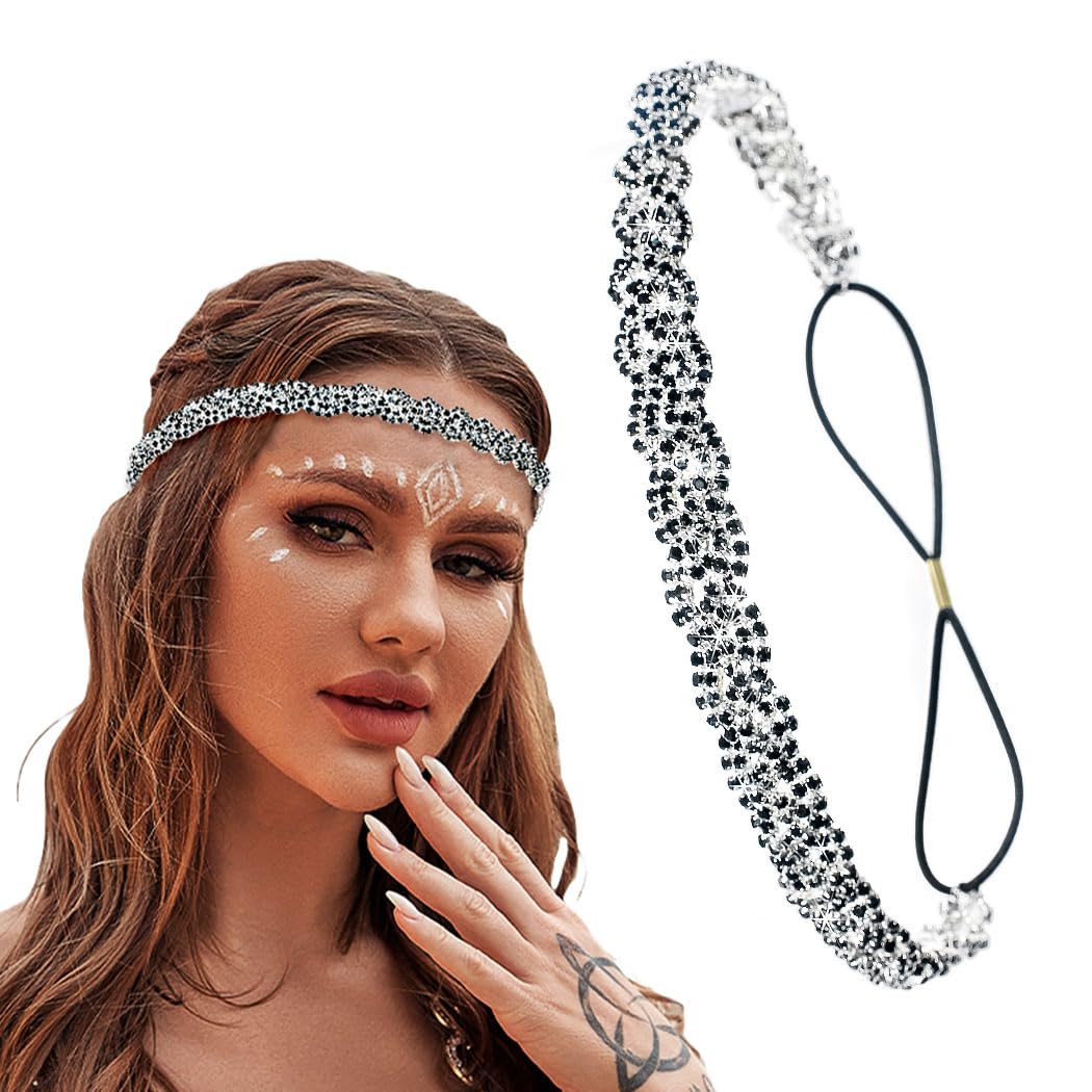Women's Rhinestone Headbands Sparkly Elestic Hairband Vintage Metal Headbands Sparkly Elegant Party Daily Head Chain (Black, M)