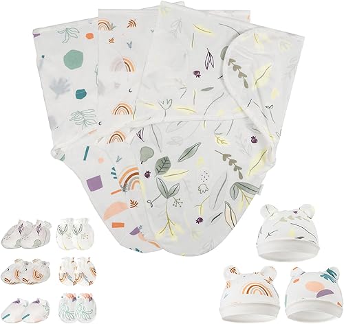 Miniatura 7 de XLSXEXCL Paquete de 4 mantas para envolver a bebés prematuros, manta de bebé de arco iris, ajustable, saco de dormir con gorros, guantes y