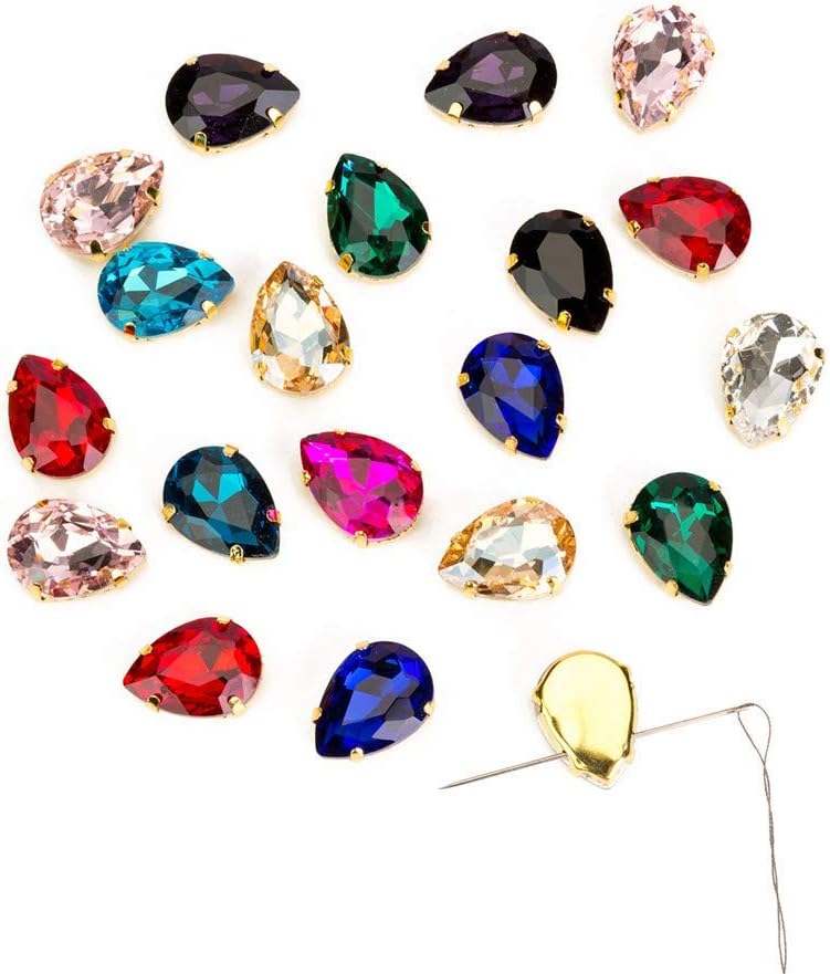 48 Pcs Sew On Crystal Rhinestone Tear Drop Flatback Gold Setting Sew On Crystal by Choupee (Mixed Color, 13 X 18 MM)