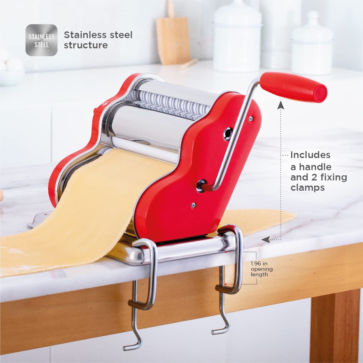 PASTALINDA Classic 200 - Máquina para hacer pasta, rodillos de 20 cm, 9 posiciones de grosor, 2 posiciones de corte, acero inoxidable, manivela reforzada y abrazaderas (rojo)